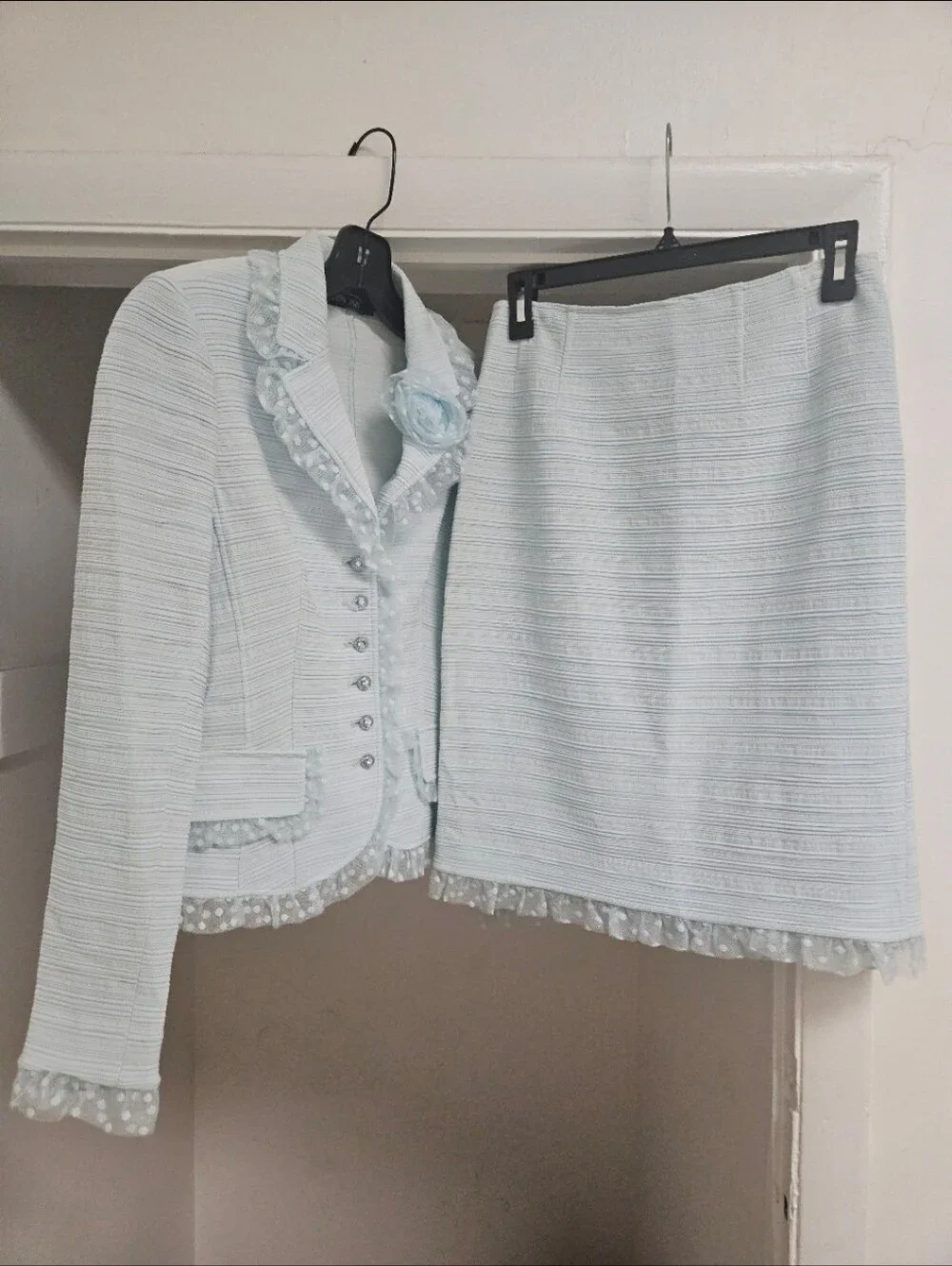 RICKIE FREEMAN TERI JON LIGHT BLUE LACE TRIM SKIRT SUIT SET 6